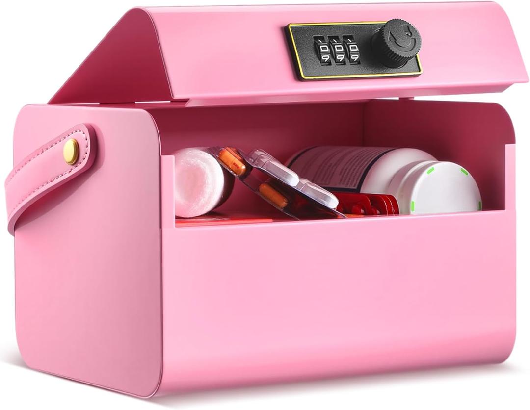 Honeydak Locked Medicine Box for Medication Safe Lockable Metal Storage Box Fridge Snacks Food Phone Container with Combination Code for Personal Private Items Home Dorms Office Organization(Pink)