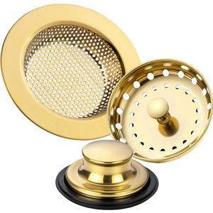 RQYEKDO 3-Pack Kitchen Sink Drain Strainer Stopper Set, Universal Anti-Clogging Stainless Steel Garbage Disposal Plug with Handle, Perforated Basket Filter Sieve for Standard 3.5" Drains (Gold)