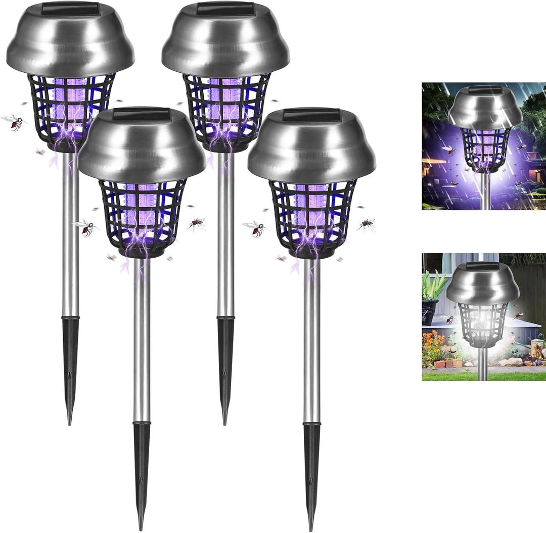 Solar Bug Zapper Outdoor Waterproof Solar Powered Mosquito Repellent Outdoor Patio,Cordless & Auto On/Off Trap Purple & White Light for Gnat Fly Insect Zapper for Garden Backyard for Outside,4 Pack