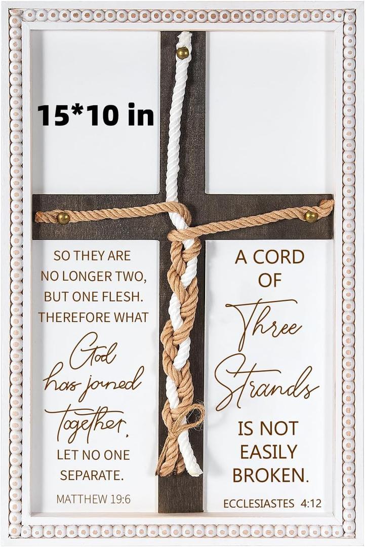 A Cord of Three Strands Wedding Sign 15x10 Inches - Unity Rope Cross Braid for Ceremony with Bible Verses, Rustic Wedding Unity Ideas, Anniversary Religious Marriage Gifts for Couple, Christian