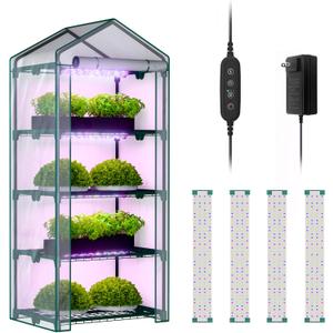 Indoor Greenhouse with Grow Lights, 4 Tier 27" L19" W62" H Mini Greenhouse with Zippered PVC Cover for Seed Starting Trays, Dimmable 2FT 60W Plant Light for Indoor Plants with Timer