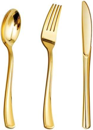 Goodluck 150PCS Gold Plastic Silverware, Gold Utensils Disposable, Plastic Cutlery Set of 50 Forks, 50 Spoons, 50 Knives for Wedding, Party, Birthday, Holidays