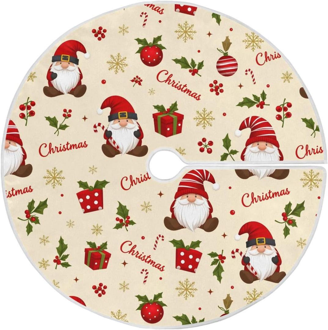 Gnomes Holly Berry Baubles Christmas Tree Skirt Large Xmas Tree Skirts Decorations 48 in Burlap Tree Mat Cover for 4 ft Trees Holiday Party