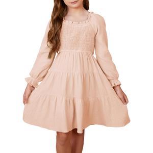 blibean Girls Cotton Long Sleeve Dresses Ruffled Boho Tiered Dress Size 6-15 Years (Beige, L)