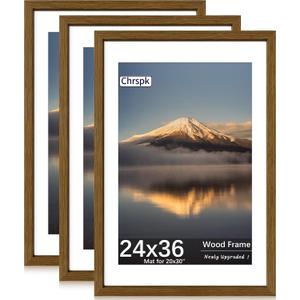 24X36 Poster Frame, Display Pictures 20X30 with Mat or 24X36 Without, Wall Hanging Frames, Rustic Brown, 3 Pack