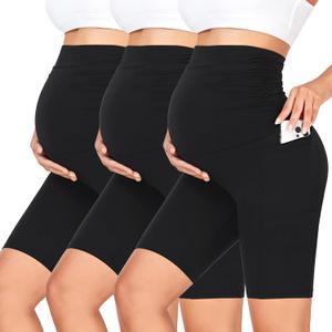 GROTEEN 3 Pack Women's Maternity Shorts Over Belly with Pockets - 8'' High Waisted Workout Yoga Pregnancy Biker Shorts (Black/Black/Black)