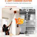26 FT Cobweb Duster with Extension Pole, Cobweb Duster with 5-20FT Telescoping Extension Pole, Cleans Spider Webs, Washable & Reusable for High Ceilings, Fans & Outdoor & Indoor Cleaning
