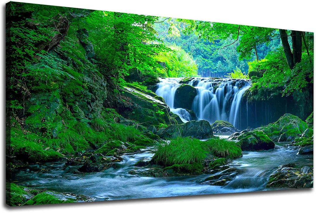 NINEASO Green Forest Waterfall Painting Canvas Print 20'x40' Wall Art for Living Room Bedroom Office Home Wall Decoration