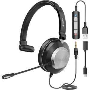 Voistek USB Headset with Microphone for PC Laptop, Wired Computer Headset with Noise Cancelling Mic, Mono Headphones with in-Line Control & Mic Mute for Work from Home, Office, Teams, Zoom, Skype