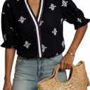 Dokotoo Womens Boho Floral Ruffle Shirt Puff Short Sleeve V Neck Blouse Top | 2026 Summer Fall,Puff Short Sleeve,V Neck,Dressy Casual,Boho Tops,Beach Vacation Tunic,Loose Fit,Flowy Clothes (Black, S)