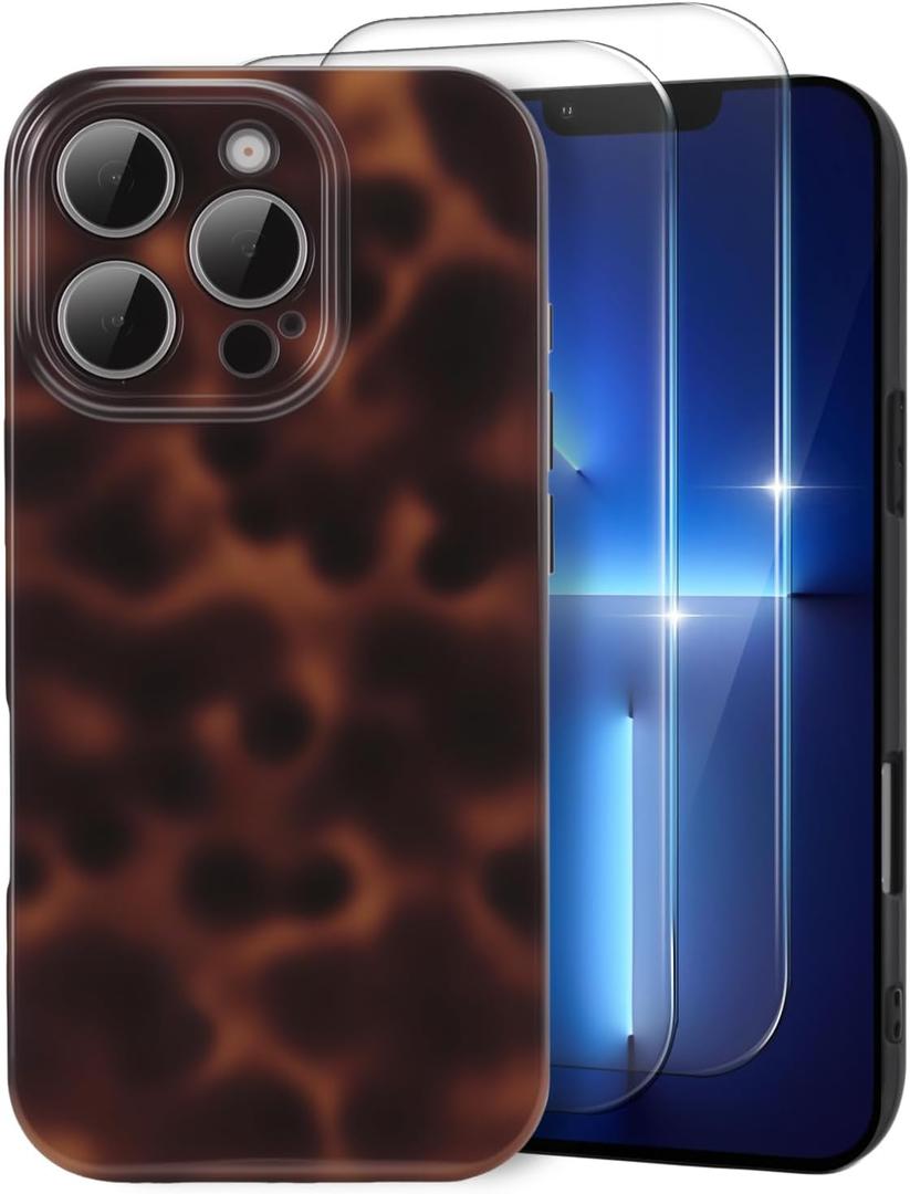 MYY Cute Phone Case for iPhone 13 Pro Case, [with 2X Screen Protector] Tortoise Shell Pattern Leopard Full Camera Protective Slim Shockproof Cool - Brown Amber