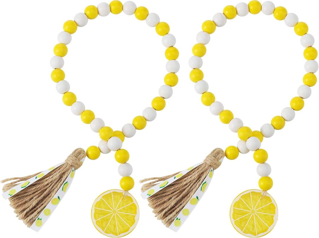 2 Pieces Lemon Wood Bead Garland with Tassels Farmhouse Rustic Lemonade Bead Garland with Lemonade Sign Summer Lemonade Slice Tiered Tray Decor Prayer Boho Bead for Holiday Home Decor (Bright Color)