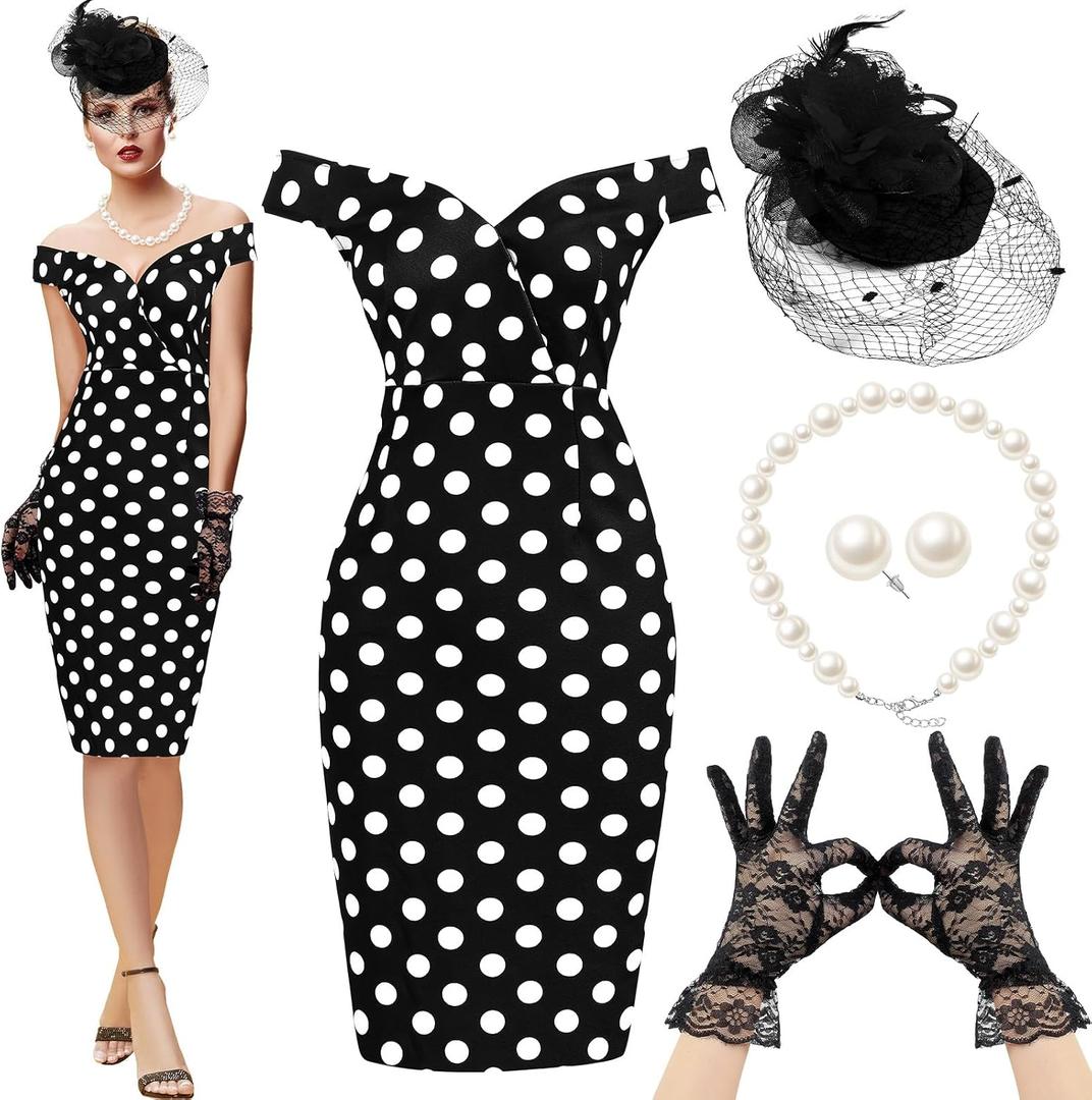 JenPen 5 Pcs Tea Party Dresses Vintage Rose Polka Dot Dress 1950s Derby Pencil Bodycon for Women Ladies Party Attire(Medium,Fresh,White Black)
