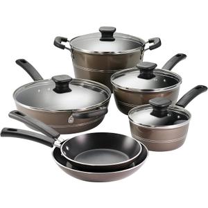 Tramontina Sicilia 10-Piece Non Stick Cookware Set with Glass Lids, Aluminum Nonstick Pots and Pans Kitchen Set (Hazelnut)