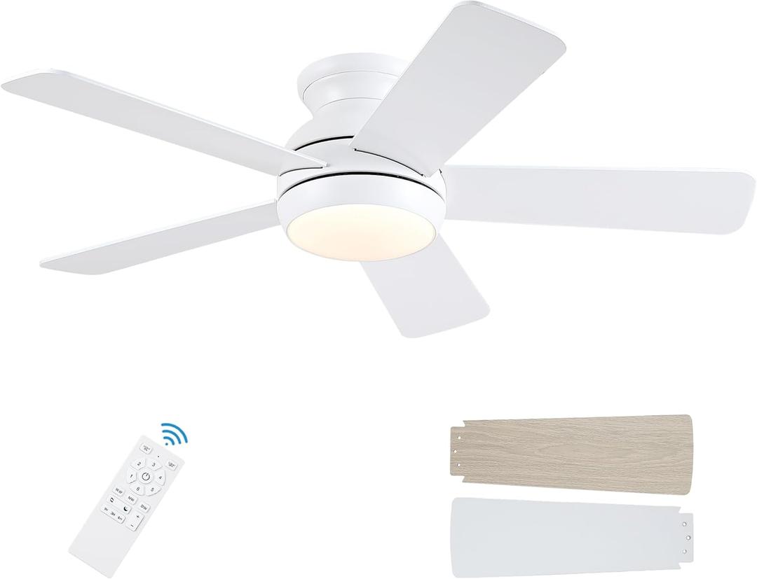 42 Inch White Ceiling Fans with Lights and Remote, LED Low Profile Flush Mount Ceiling Fan for Bedroom, Living Room, Patio, Quiet DC Motor, 5 Blades