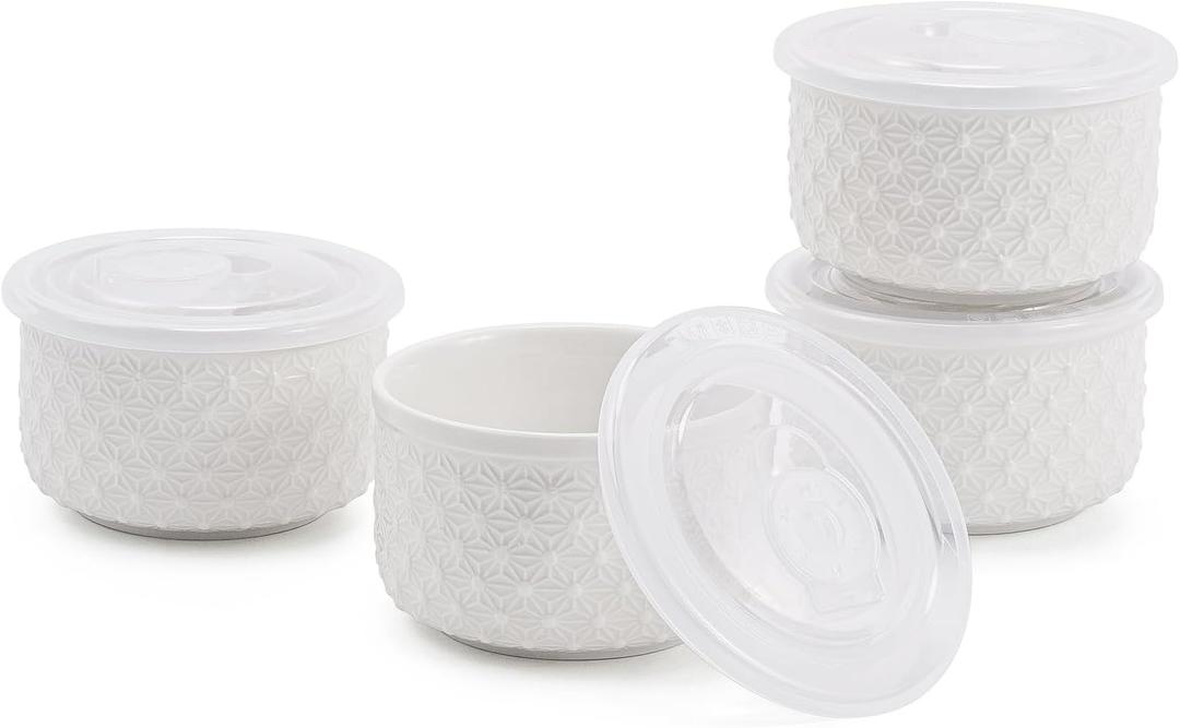 10 oz Set of 4 Oven-Safe Porcelain Ramekins with Lids, Large White Souffle and Creme Brulee Baking Dishes, Ramekin Bowls for Sauce and Dessert