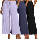 Real Essentials 3 Pack: Women's Ultra-Soft Wide Leg Loose Capri Open Bottom Pants - Yoga Lounge Pockets (Large)
