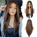 HAIRCUBE Long Straight Wig for Women, Heat Resistant Synthetic Hair with Bangs, Natural Looking Pre-Cut Lace Front Wig, Soft & Lightweight for Daily Use, Cosplay, Parties (Mixed Brown)