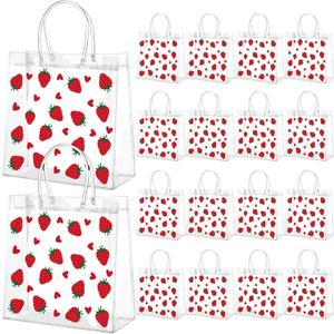 Kacctyen 24 Pcs Gift Bags for Party Favor Clear Goodie Bags with Handle 7.87 x 7.87 x 3.15 Return Gift Wrap Totes for Guests Treat Candy Wrapping(Strawberry)