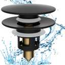 Hibbent All Metal 2 in 1 Bathroom Sink Stopper, Universal Pop Up Drain Strainer, Brass Bullet Core Push Type Sink Stopper for 1.1''~2.3'' Basin, Big Push Button, Anti Clogging Filter, Matte Black