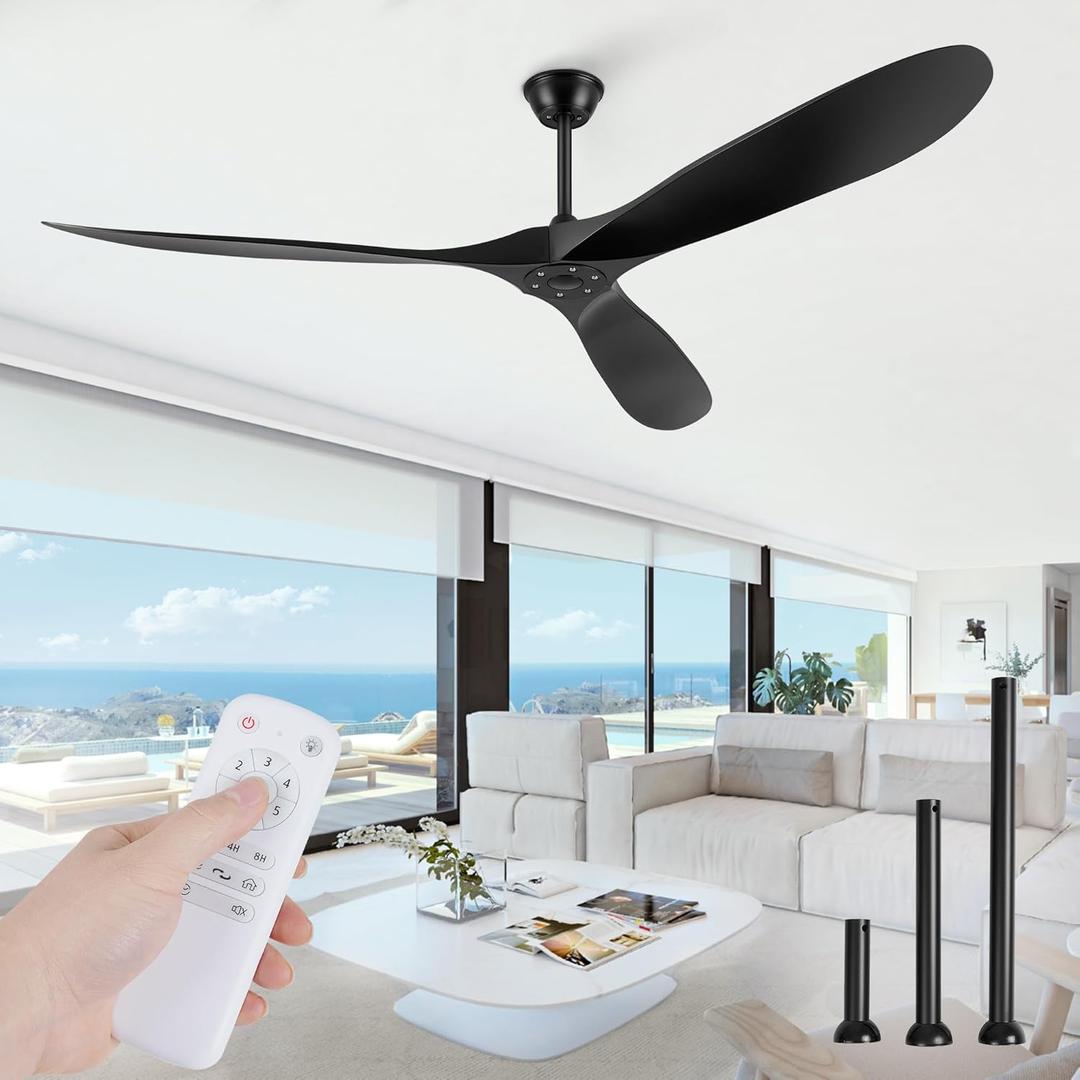 70 inch Propeller Outdoor Ceiling Fan No Light, Large Ceiling Fans and Remote, 3 ABS Blades Ceiling Fan without Light for Porch, Patios, Bedroom, 1/4/8H Timing- Black