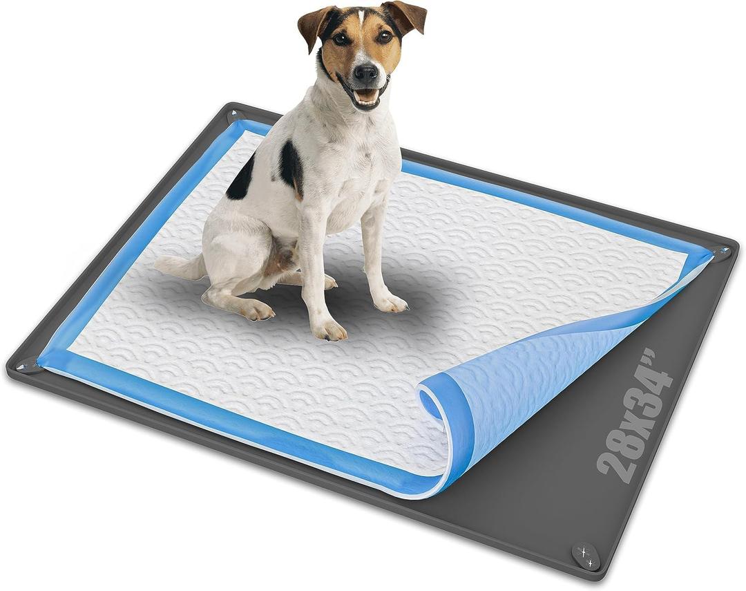 TidyFriend Puppy Pad Holder Tray Fits for 28 x 34 Pee Pads with Corner Lock Holes, Raised Edges, Non-Spill, Easy to Clean Silicone Puppy Potty Tray Holder, for Indoor Floor Protection (Grey) (Gray)