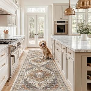 Madane Hallway Runner Rug 2'6''x10' Kitchen Runner, Non Slip Vintage Runners for Hallways Washable Kitchen Rugs Soft Low Pile 2.5x10 ft Rug Runner for Laundry Room, Entryway and Bedroom, Turmeric/Grey