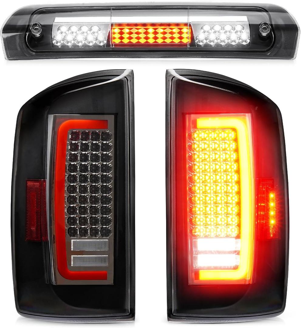 LED Tail Light Fit for Dodge Ram 1500 2007-2008, for Dodge Ram 2500 3500 2007-2009 (Fit Halogen Type, Not Fit Factory LED Models) Taillight and High Mount Stop Light, 3 Pcs, Clear Lens