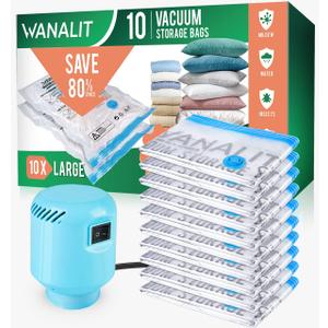 WANALIT Vacuum Storage Bags with Electric Pump, 10 Pack Large Size32"x 22" Reusable Compression Space Saving Bag for Clothes, Bedding, Mattress, Blankets, Pillows, Comforters, Travel, White