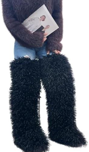 SWEETHEART BEAUTY Thigh High Shagy Teddy Fur Boots, 29 Inch Over the Knee Length Fluffy High Boots, Tall Furry Shoes For Women (12, Black)