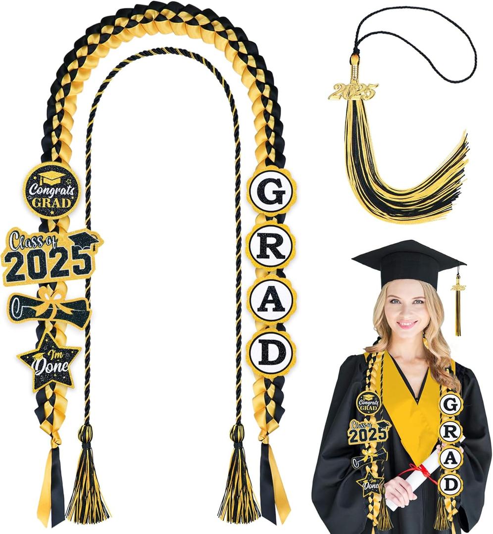 Graduation Leis 2025 Graduation Cords Graduation Tassel with 2025 Gold Charm, Graduation Money Leis 8 Graduation Glitter Patches Cord Tassel Charms for Graduation Decorations (Black & Gold)