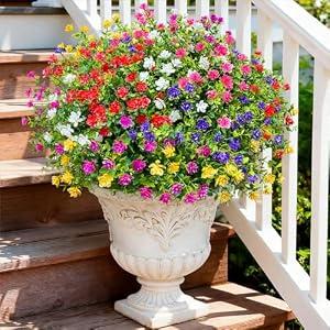 Artificial Fake Flowers Plants for Outdoors Indoor Decoration, 12 Bundles Faux Plastic Mix-Colored Daisy Flowers UV Resistant Faux Mums Greenery Bushes Shrubs for Home Porch Patio Garden
