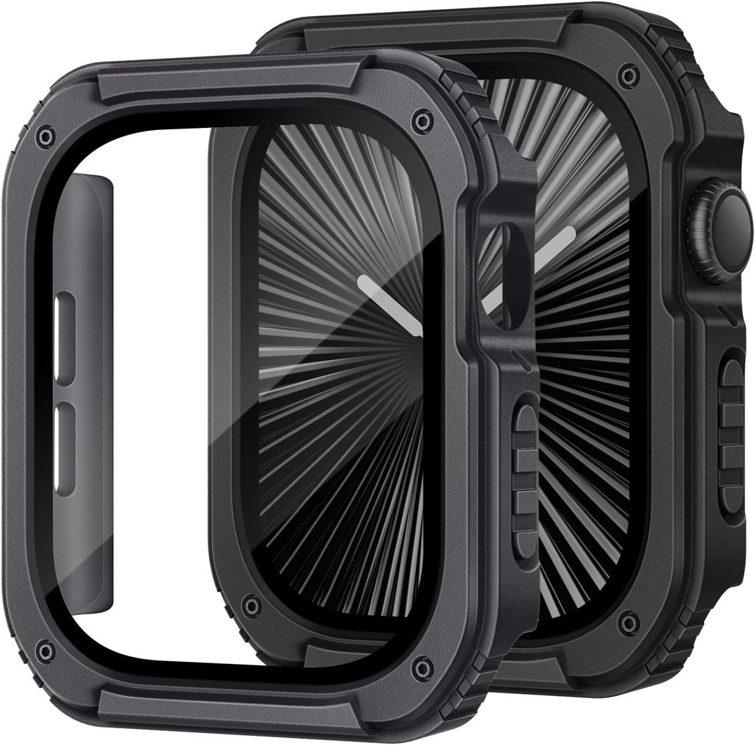 Recoppa 2 Pack Rugged Case with Screen Protector for Apple Watch Series 11 10 42mmTactical Military Grade Durable Shockproof Bumper Protective Cover for Men iWatch 42mm (Black/Gray)