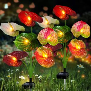 Solar Garden Lights, 2 Pack Red Anthurium Flowers Waterproof Solar Firefly Lights Outdoor for Garden Patio Yard Pathway Summer Decoration, Gardening Gifts for Women Mother's Day