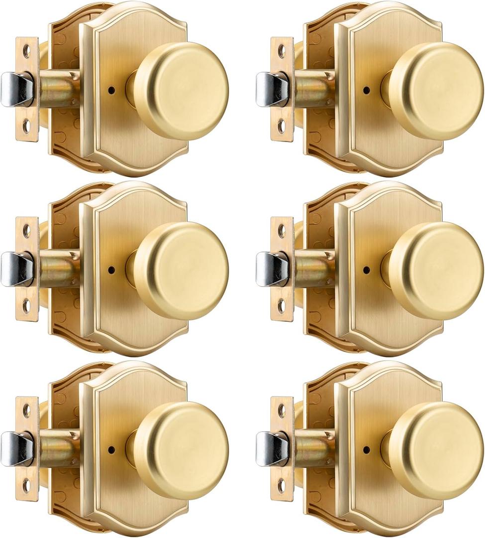 6 Pack Pismo Doorknobs for Bath & Bedroom, Gold Interior Door Knobs with Camelot Trim, Satin Brass Door Knob with Lock