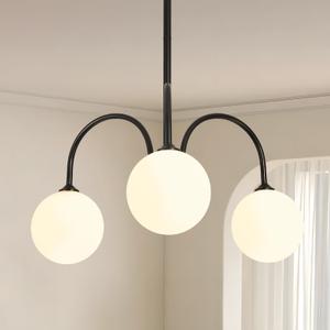 Ecoillumix Modern Black Chandelier, 3 Light Mid Century Sputnik Chandeliers, Dining Room Chandeliers with Milk Glass Globe Shade, Globe Chandelier for Dining Room, Living Room, Bedroom, Foyer,Kitchen