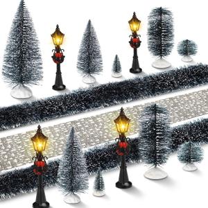Hotop 18pc Christmas Village Accessories 47.2 Inch Village Roads Mini Snowy Trees Streets Light Lamppost Hedge Figurines Set for Display Winter Holiday Decorations DIY Crafts No Batteries(Modern)