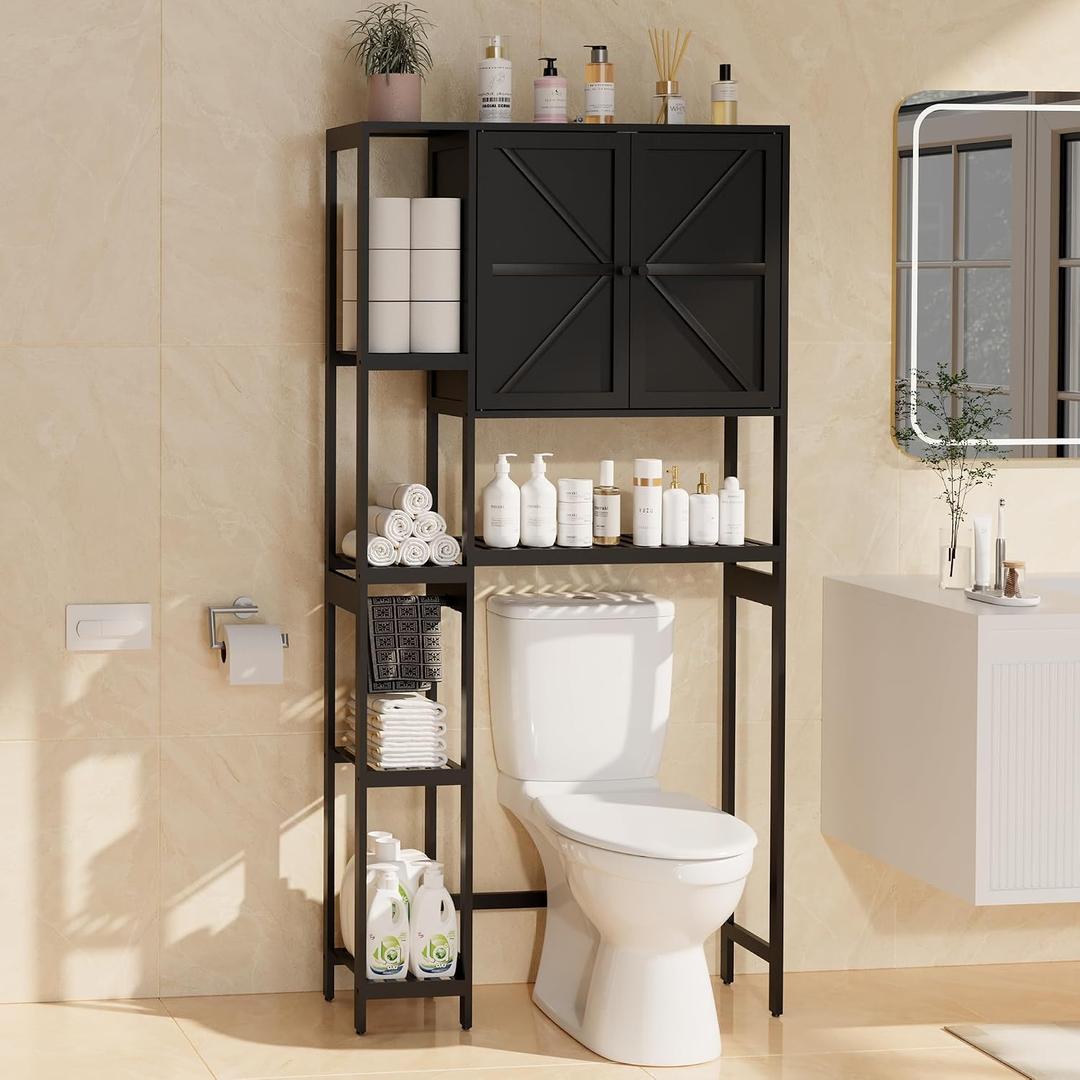 Bamboo Over The Toilet Storage, Above Toilet Organizer Storage Shelf Stand, Tall Freestanding Behind Toilet Rack, Tiered Bathroom Space Saver Shelving, Easy Assembly (Black)