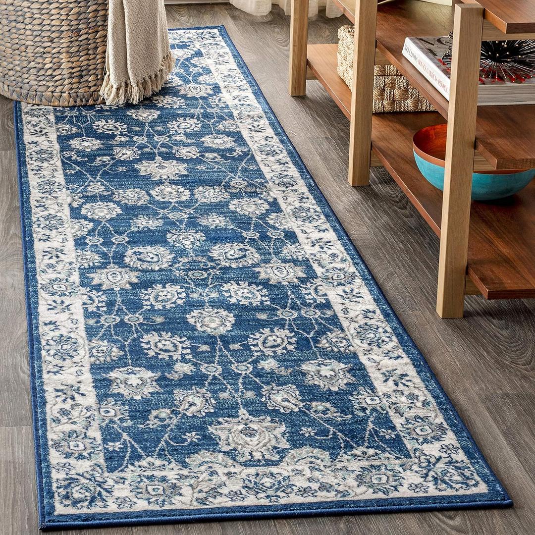 JONATHAN Y MDP101A-28 Modern Vintage Moroccan Traditional Indoor Runner Rug Floral Easy -Cleaning Bedroom Kitchen Living Room, 2 X 8, Navy/Light Grey