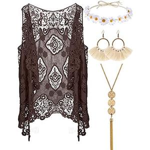 WILLBOND 4 Pcs Halloween 60s 70s Outfits for Women Hippie Costume 70s Costume Tops Accessories Women Fringe Hippie Vest