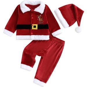 Toddler Baby Santa Claus Costume Boys Girls Christmas Outfits Reindeer Jacket Long Pants Hat Xmas Cosplay Sets (3-4T, Red)