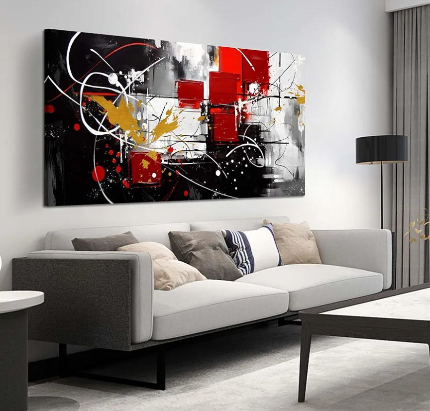 ANCXWOTER Abstract Wall Art for Living Room Black Canvas Wall Art Modern Grey Red Line Artwork for Bedroom Office Home Decor Canvas Prints 29x59 Inch