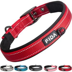 Fida Heavy Duty Dog Collar, Ultra Comfortable Soft Neoprene Padded, Adjustable Reflective Nylon Pet Collar with Durable Metal Belt Buckle for Large Breeds (L, Red) (Large(19"-23"))