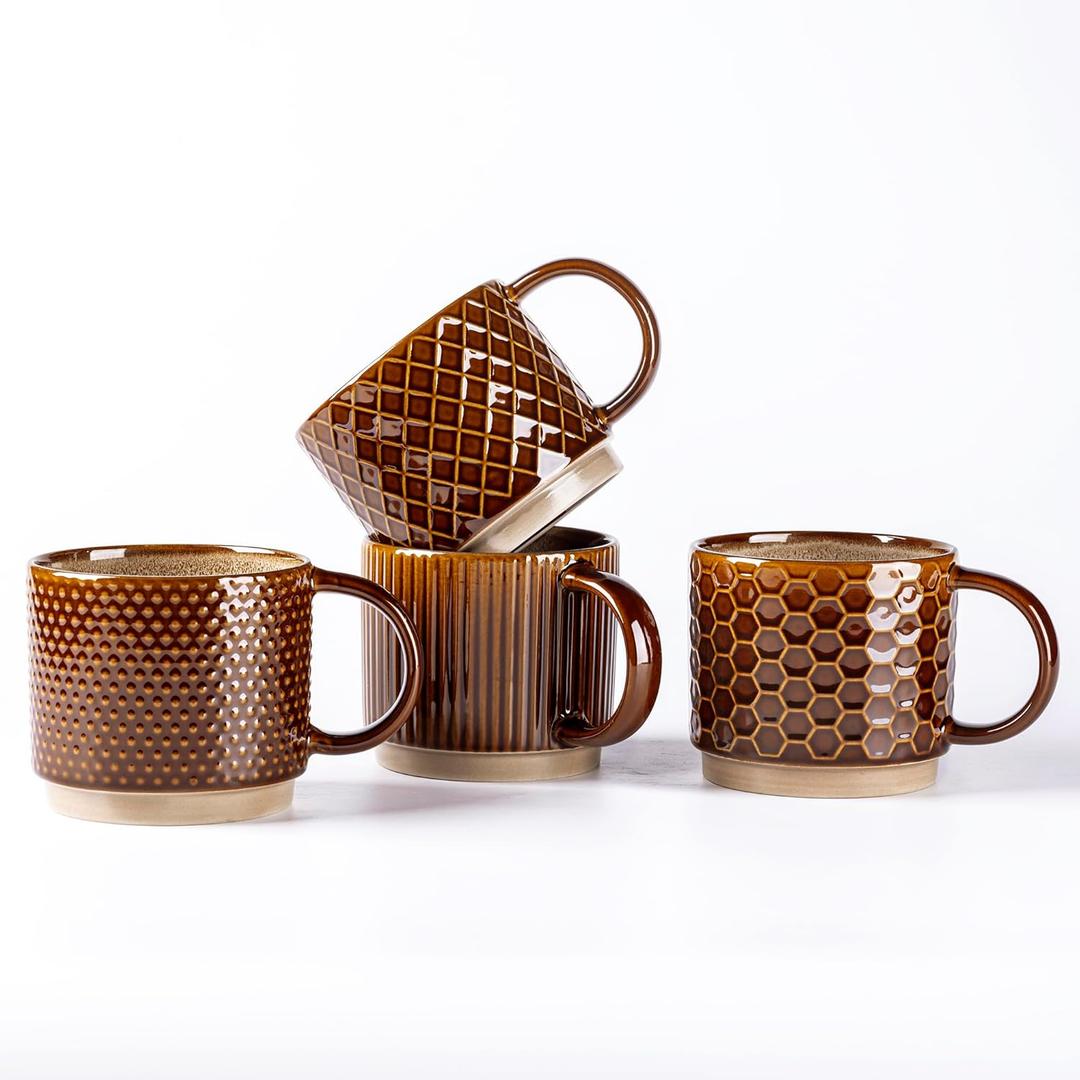 GBhome 8 OZ Stackable Coffee Mugs, Ceramic Coffee Mugs with Texture Patterns for Man,Woman,Dad,Mom, Modern Coffee Cups Set of 4 for Espresso/Cappuccino. Dishwasher&Microwave Safe, (Caramel)