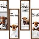 Honoson 4 Pcs Highland Cow Funny Bathroom Decor Wall Art, Bathroom Highland Cow Art Prints Pictures Wooden Relax Soak Unwind Breathe Rustic Farmhouse Wall Decor Signs for Home Spa Laundry 4x12 Inch