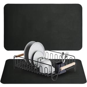 Dish Drying Mat for Kitchen Counter | Coffee Bar Mat for Countertops | Heat Resistant Drainer Mat with Non-Slip Rubber Backed | Hide Stain Kitchen Absorbent Draining Mat | Black, 12"x19"