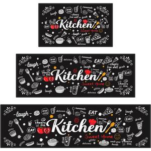 Kitchen Rugs Sets of 3 Non-Slip Washable Rugs with Rubber Backing, Cushioned Comfort Floor Mats for Kitchen, Entryway, Laundry Room, Hallway - Black, 17"x30"+17"x47"+17"x59"
