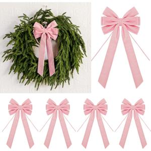 Velvet Bows for Christmas Tree Decoration, 6.5 x 14 Inch, Holiday Ornaments, Gift Wrapping, Wreath, Garland, Staircase, Swag, Fireplace Decor (4 Pieces, Pink)