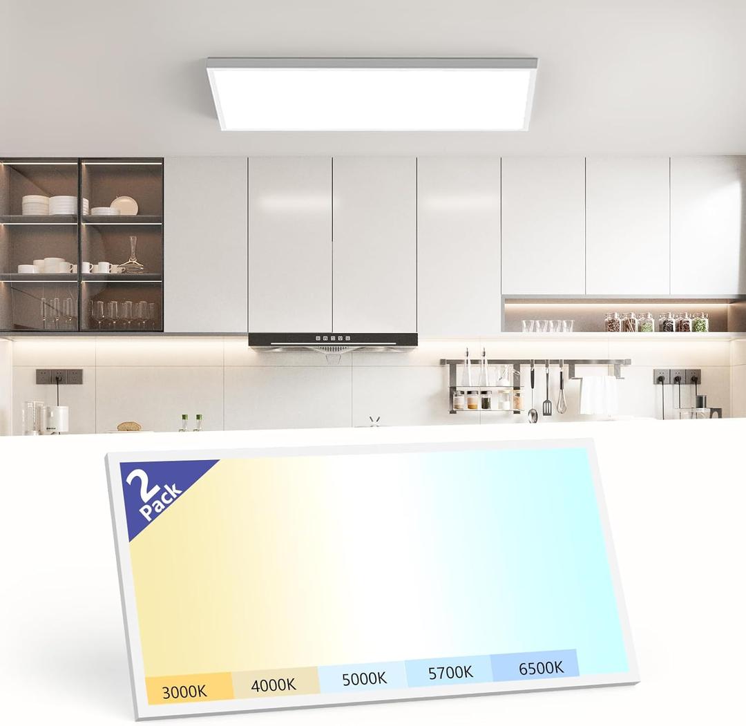 AIKVSXER 2x4 Led Flat Panel Light Surface Mount-2 Pack, 70W 7700Lm Dual Selectable 5CCT 3000K/4000K/5000K/5700K/6500K and Wattage 30-70W 0-10V Dimmable Ceiling Light Fixture for Kitchen/Laundry