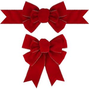 2 Pcs Red Velvet with Gold Eadge Christmas Burlap Bow Handmade Premade Bows for Wreaths Large Decorative Christmas Ornaments Tree Decorations Wrapping Bows Decor (Red Velet)